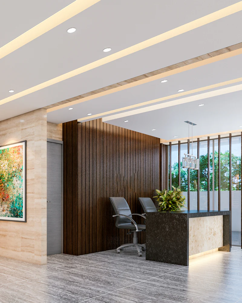 Hall de elevadores com revestimento em pedra e vidro